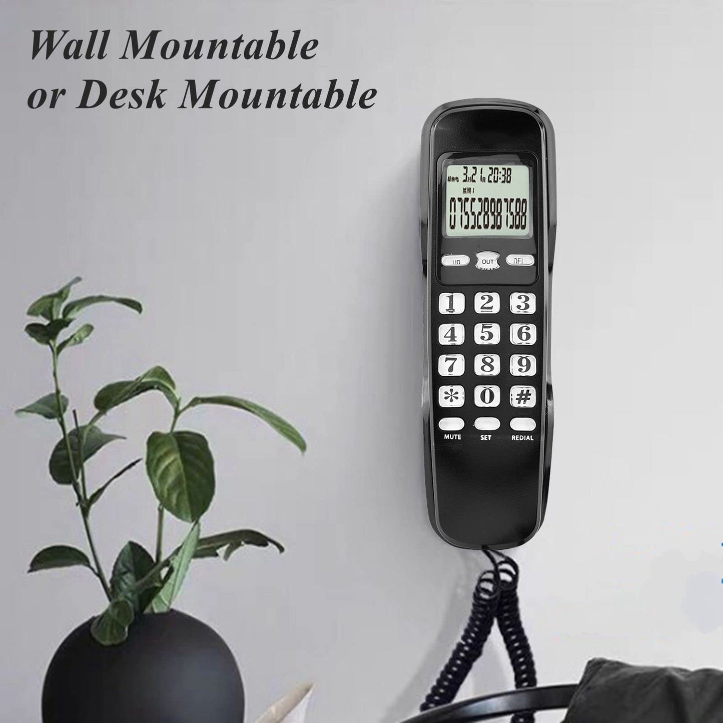Teléfono residencial con cable, montable en la pared,compatible con visualización de identificador de llamadas, rellamada de número de latitud, verificación de memorias