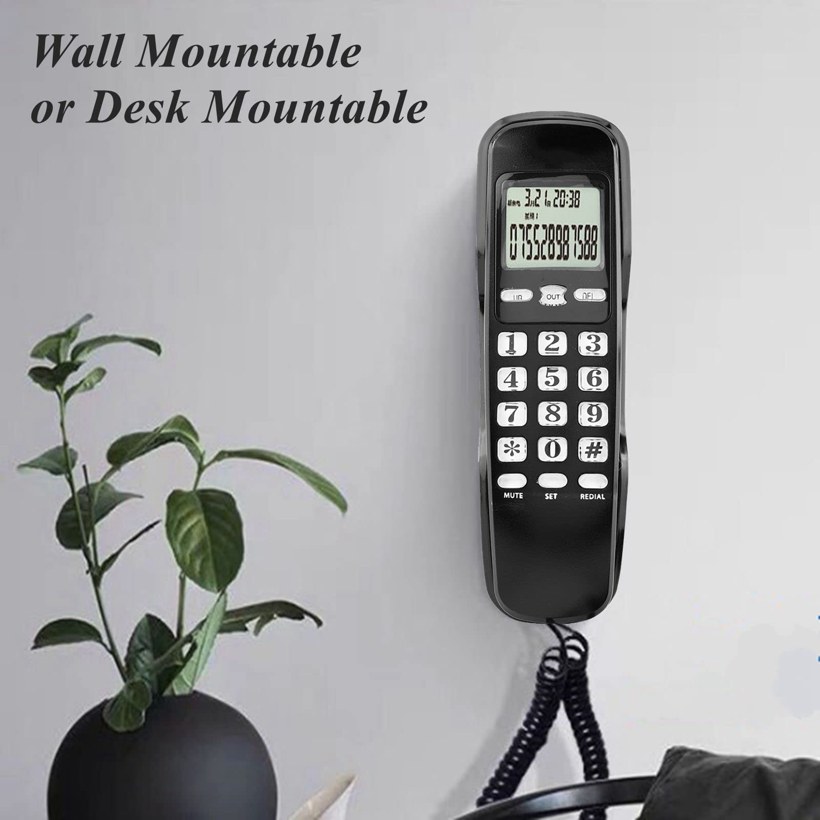 Teléfono residencial con cable, montable en la pared,compatible con visualización de identificador de llamadas, rellamada de número de latitud, verificación de memorias