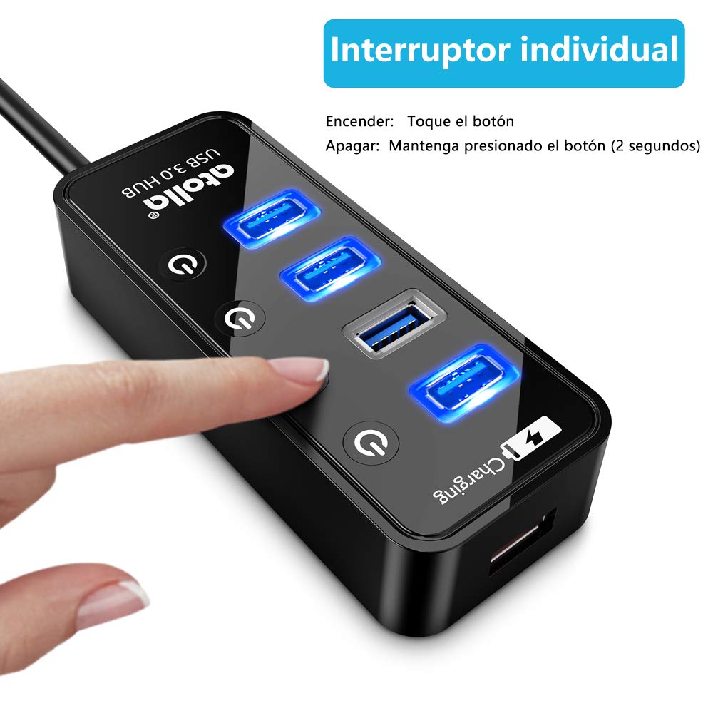 ATOLLA Hub USB 3.0 5 en 1, 4 Puertos Super Speed 5Gbps Multi USB Hub con Interruptor Independiente con 1 Puerto de Carga USB (Longitud del Cable 0,6 Metros, sin Adaptador de CA)