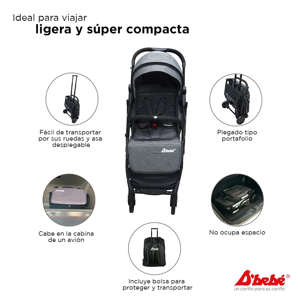 D´BEBÉ - Carriola Wing - Carriola ultra-ligera con plegado Super Compacto - Manubrio con Cierra Facil - Para Bebés de 3 Meses de Edad hasta 3 años - Color Gris