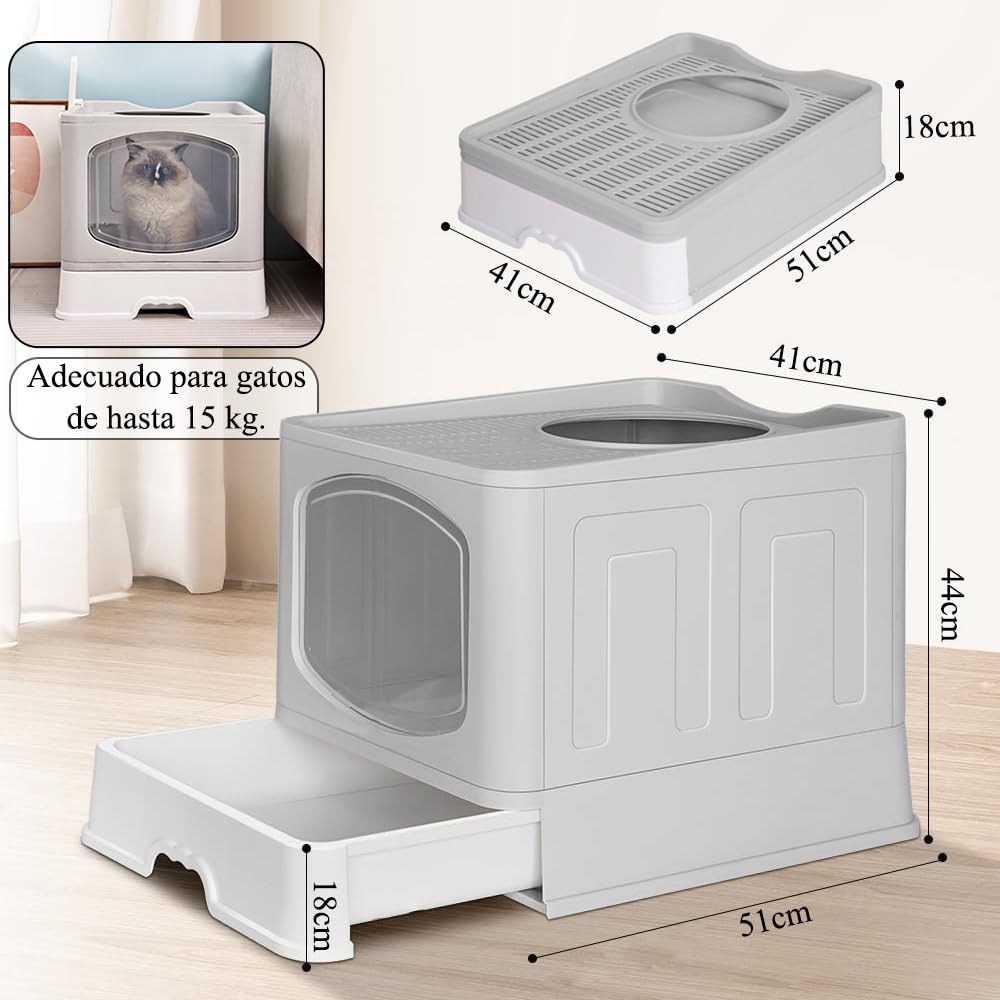 Jiula Caja de Arena para Gatos Plegable Cerrada, Caja de Arena con Cajón y Cuchara, Fácil de Limpiar, Adecuada para Viajar con Mascotas, Puerta Lateral Móvil Dos Direcciones, Gris, 41 * 51 * 44 CM