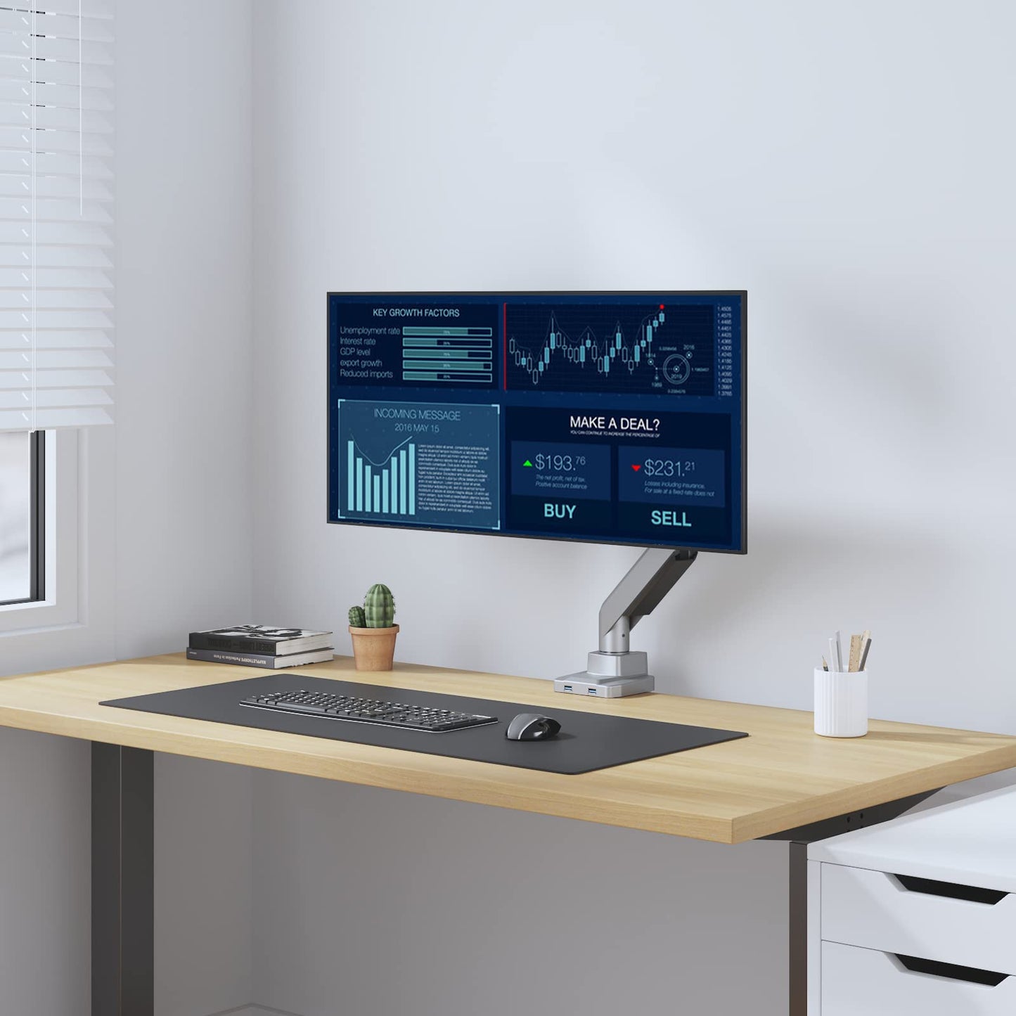 Brazo de Monitor WALI Plateado Ultrawide para Pantallas Curvadas de 13 a 49 Pulgadas con Puertos USB 3.0