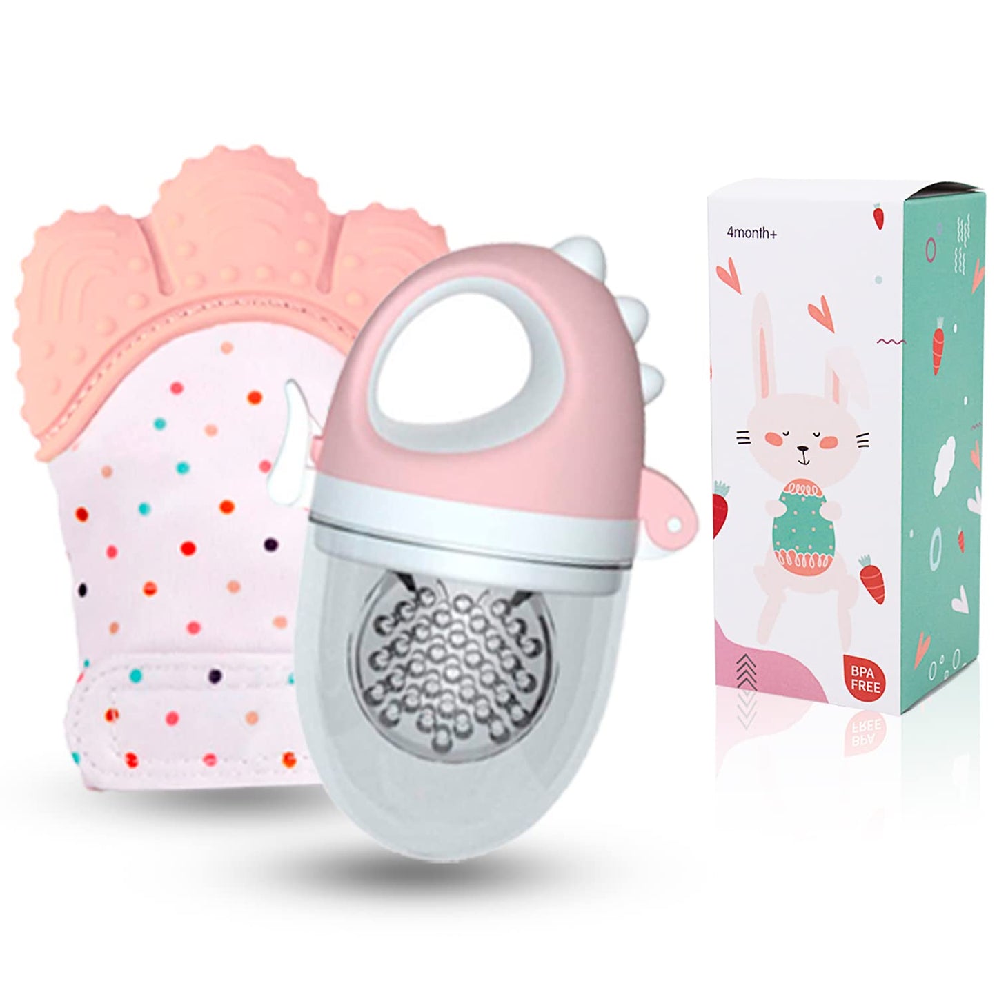 Chupón De Frutas y Papillas + Guante Mordedera, Membrana Sonora, Relieve Estimulante para Bebé, Libre BPA, 3m+ (Chupón Dino Rosa + Guante Rosa)
