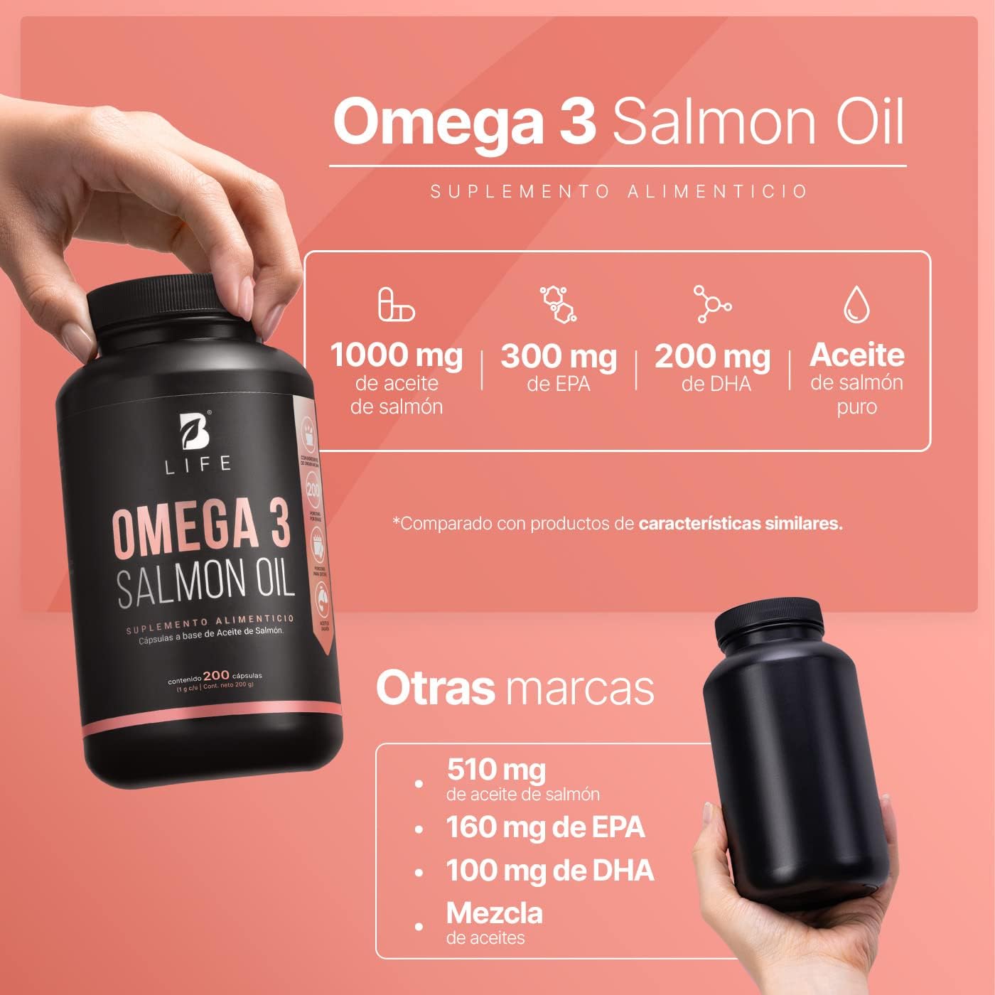 Aceite Omega 3 B Life Salmón Puro 200 Cápsulas 1000 mg Ingredientes Naturales
