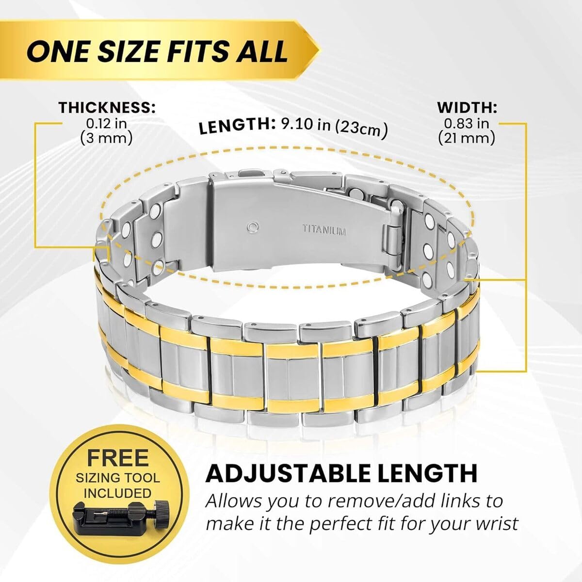 MagnetRX® Titanium Magnetic Bracelet – Magnetic Bracelets for Men – Premium Fold-Over Clasp & Adjustable Length with Sizing Tool (Silver & Gold)