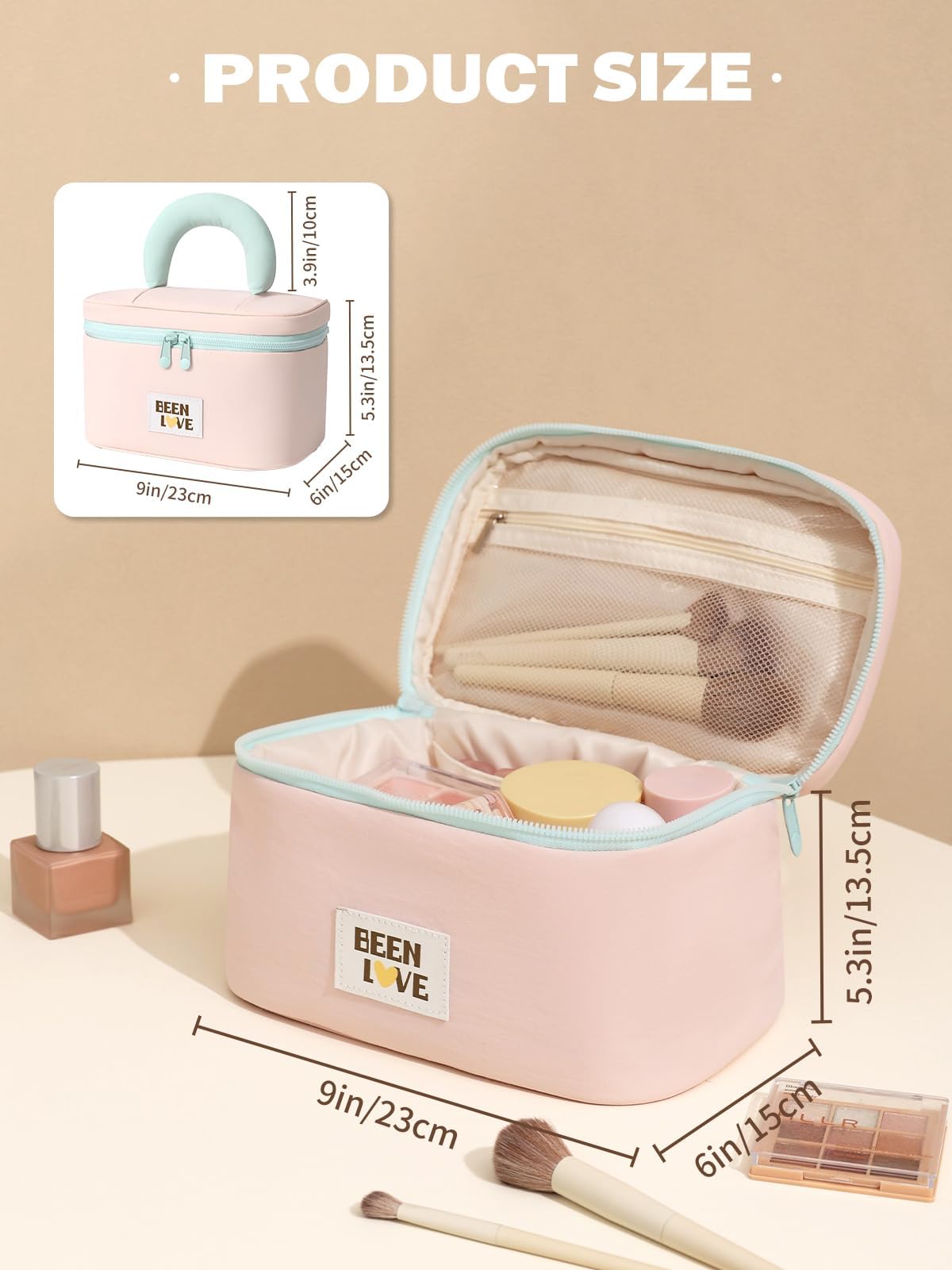 Lalamisi - Bolsa de maquillaje de viaje para mujer, bolsa de maquillaje de gran capacidad, bolsa organizadora, bolsa de aseo portátil, impermeable, con asa y divisor, Rosado, Bolsa de cosméticos de