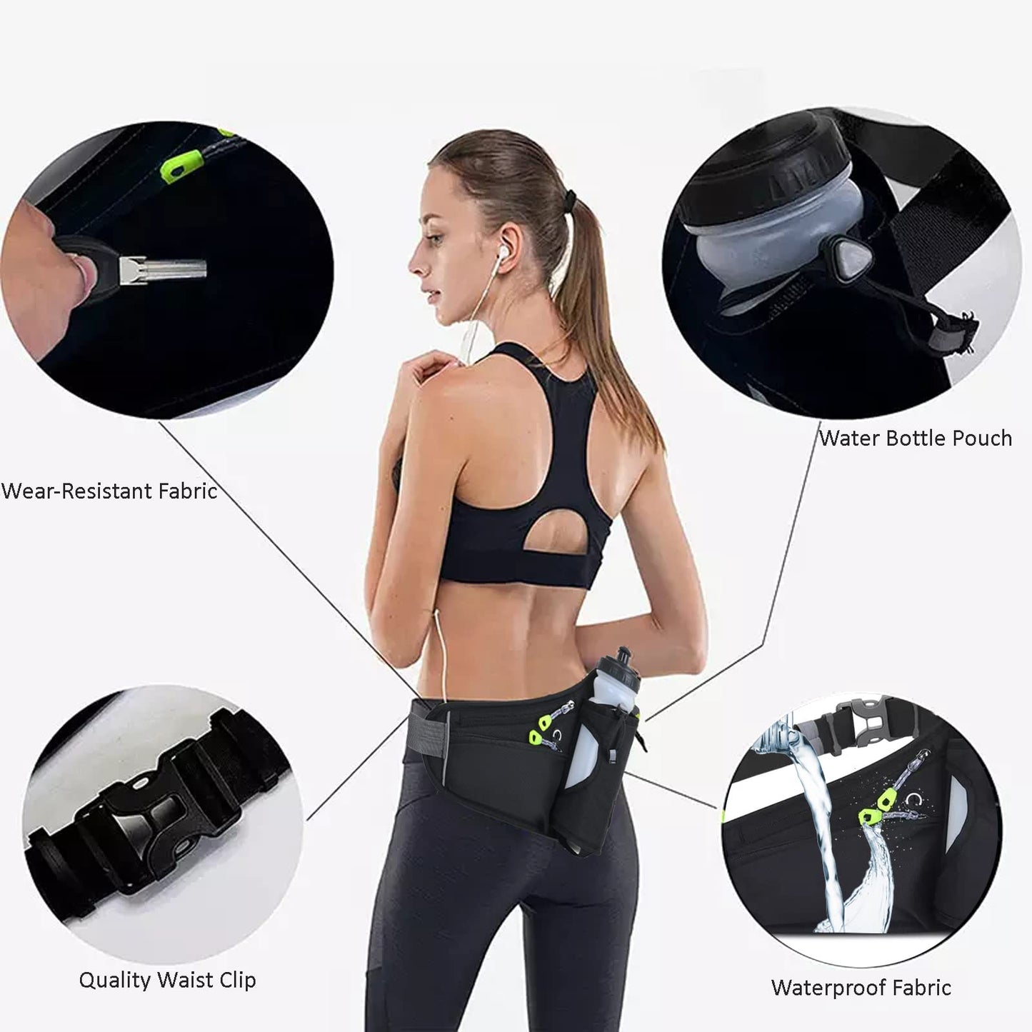 HOTEMIA Riñonera con soporte para botella de agua para hombres y mujeres, correr, senderismo, camping, ciclismo, se adapta a todos los teléfonos (botella no incluida), Negro -, Una talla, Deporte
