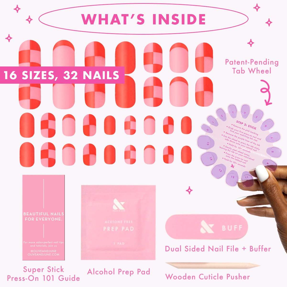 Olive & June Uñas postizas Classic Super Stick Mani | No se necesita pegamento | 32 pestañas, 16 tamaños | Pestañas no tóxicas, fáciles de poner y quitar, aspecto realista que no daña las uñas | Durac