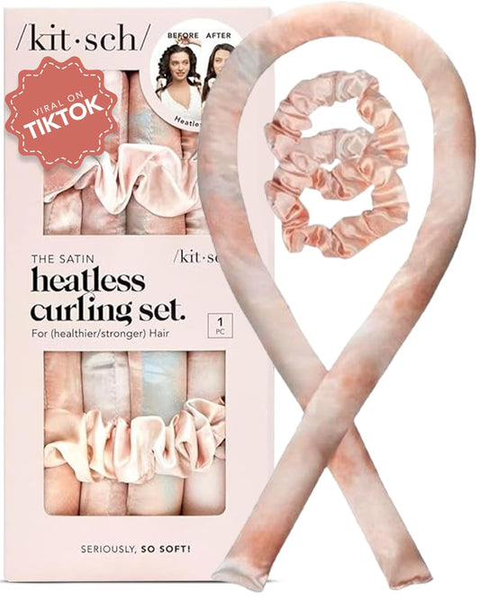 Kitsch Satin Heatless Curling Set for No-Heat Soft Curls - Overnight Hair Curlers & Curling Rod Headband, Frizz-Free Styling, Gentle Rollers for All Hair Types - 1 Pack (Sunset Tie Dye)