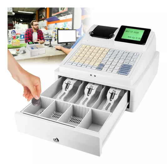 Caja Registradora Comercial, Caja Registradora Electrónica LED de 8 Dígitos, Detector de Moneda con Luz Violeta, Impresora Térmica con Cajón y Teclado, Adecuada para Pequeñas Empresas, Supermercados