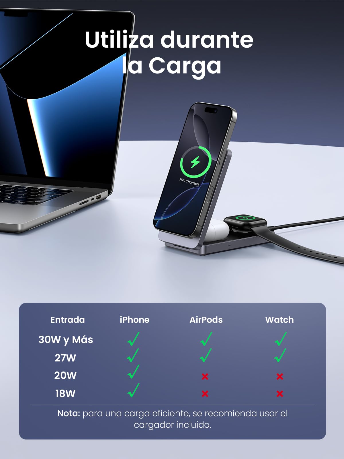 Cargador Inalámbrico UGREEN Qi2 15W Negro Certificado para iPhone y AirPods