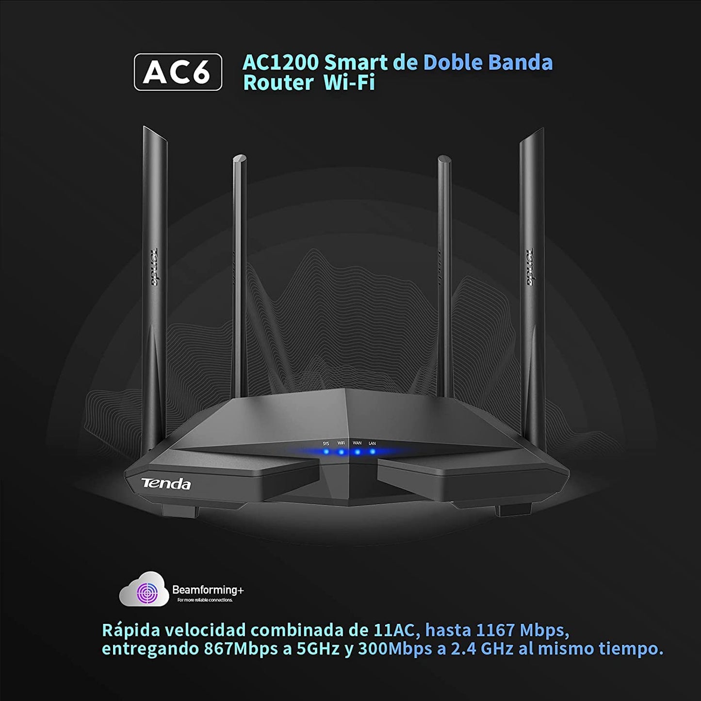 Router WiFi Tenda Negro AC1200 Doble Banda con 4 Antenas Externas