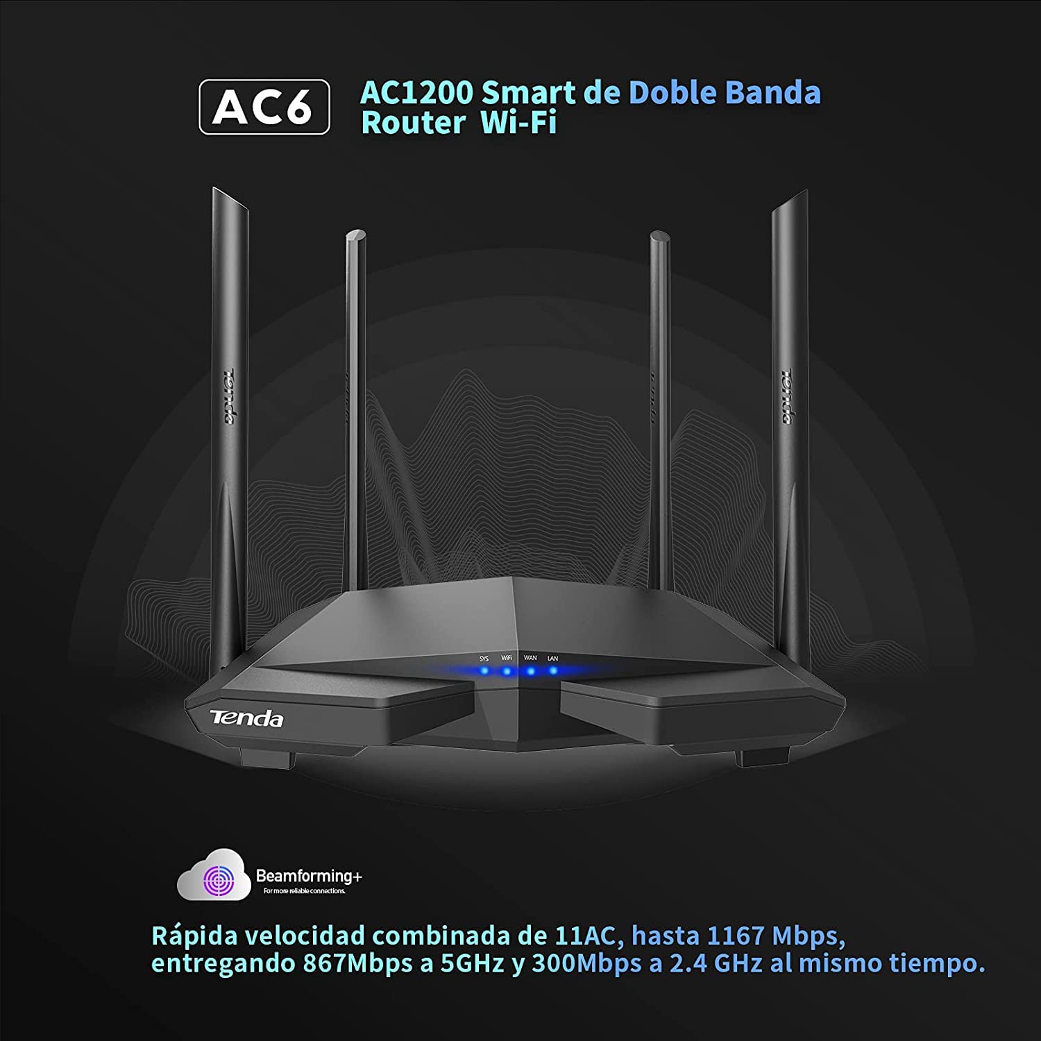 Router WiFi Tenda Negro AC1200 Doble Banda con 4 Antenas Externas