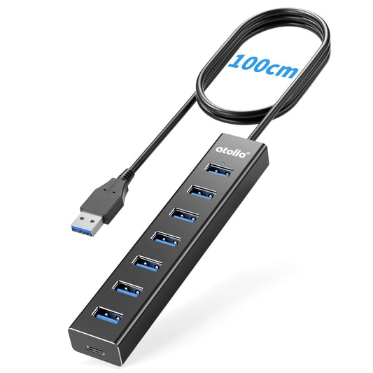 atolla 7 en 1 Hub USB 3.0, 7 Puertos Multi USB de Aluminio con Cable Extensión de 1m, Adaptador de 5Gbps USB A para PC, Laptop, PS4, PS5, Xbox, Disco U, Impresora, Ratón, Teclado etc.