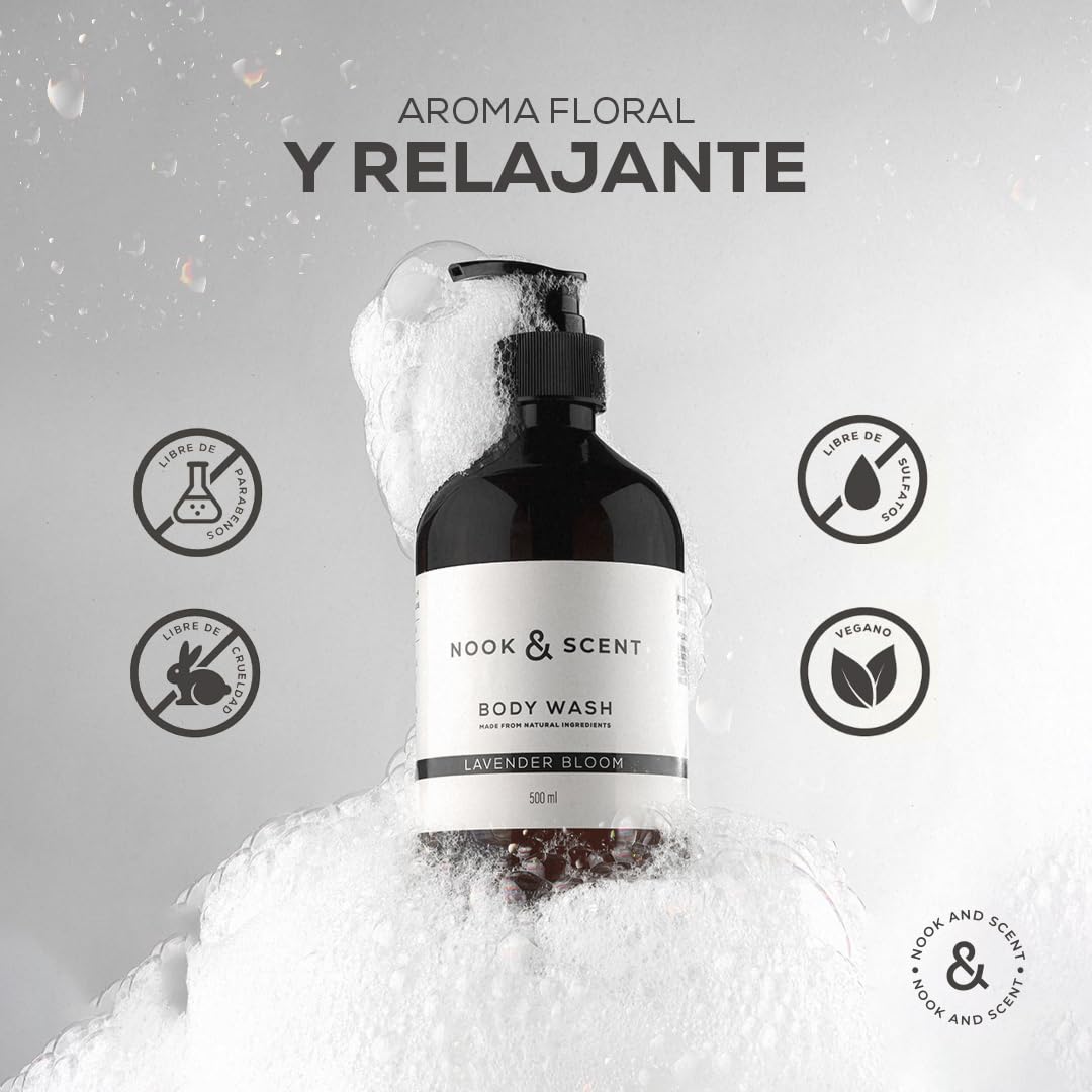 Body Wash Lavanda | 500 ml | Limpieza e Hidratación | Libre de Sulfatos y Parabenos, Vegano, Aceites Esenciales, Aroma Floral Relajante con Notas de Lavanda y Almizcle | Gel de Baño Nook & Scent