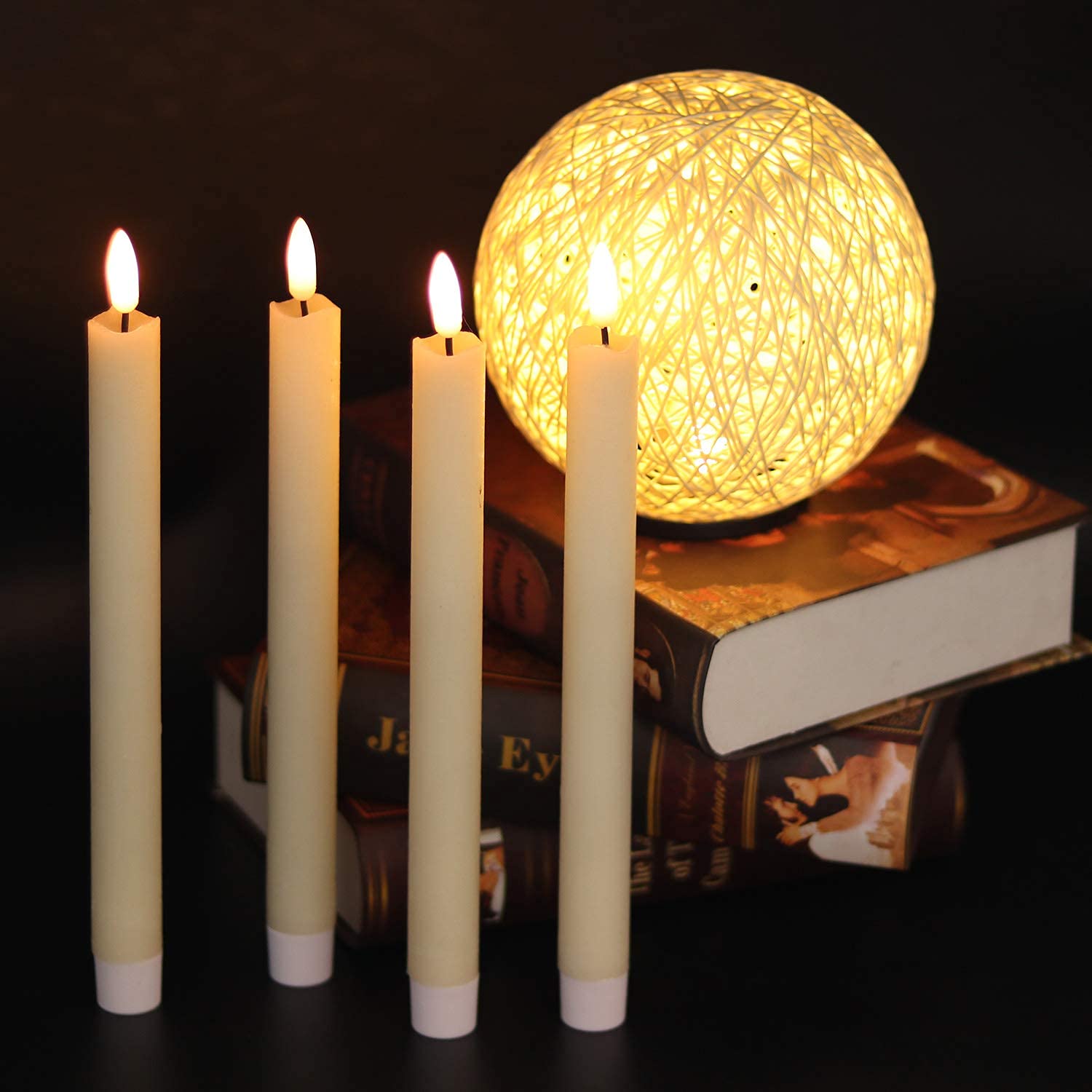 GenSwin - Velas cónicas parpadeantes sin llama con 2 mandos a distancia y temporizador, velas de cera real 3D para ventana, funciona con pilas, paquete de 8, decoración de Navidad para el hogar de