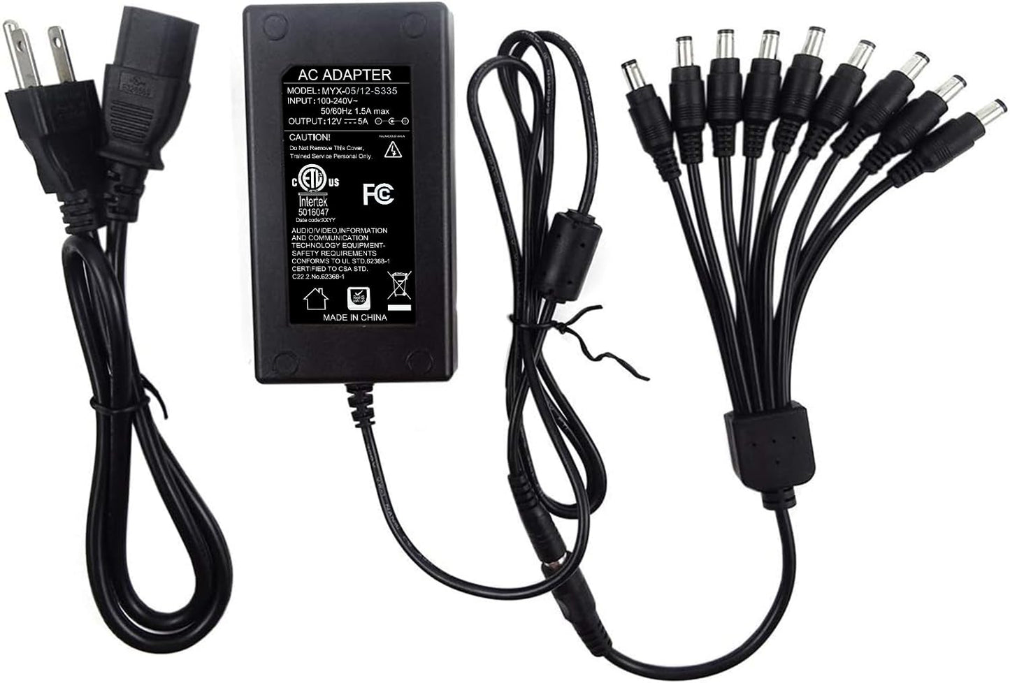 TIGERSECU Adaptador de Corriente para cámara de Seguridad con Divisor de Corriente de 9 vías, Fuente de alimentación de 12 V 5 A 100 V-240 V 2,1 x 5,5 mm