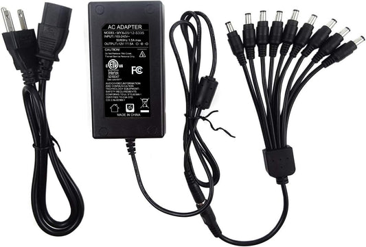 TIGERSECU Adaptador de Corriente para cámara de Seguridad con Divisor de Corriente de 9 vías, Fuente de alimentación de 12 V 5 A 100 V-240 V 2,1 x 5,5 mm