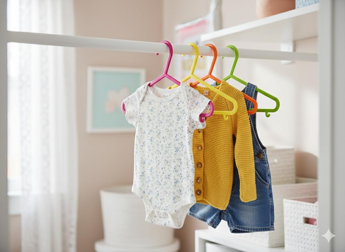 Paquete de 10 perchas de plástico duraderas sin BPA para ropa de bebés y niños pequeños, diseño delgado que ahorra espacio, multicolor (rosa fuerte, verde, azul, naranja, amarillo)