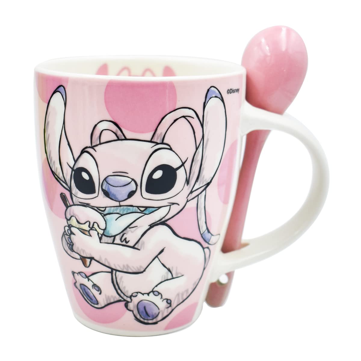 Fun Kids 1738-252 Set de Tazas para Pareja, Taza para Café, Té o Infusiones de Cerámica, Tarro Disney con Diseño Original Stitch y Angel con Cuchara y Caja de Regalo de 410 mililitros, Color Azul y Rosa