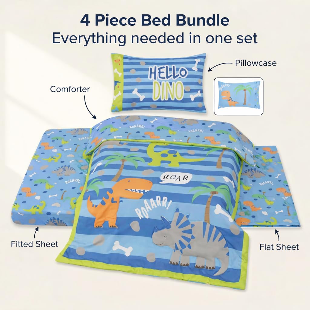 EVERYDAY KIDS - Juego de ropa de cama de 4 piezas para niños pequeños – Dinosaurios rugientes – Incluye edredón, sábana encimera, sábana bajera ajustable y funda de almohada reversible – Ropa de cama