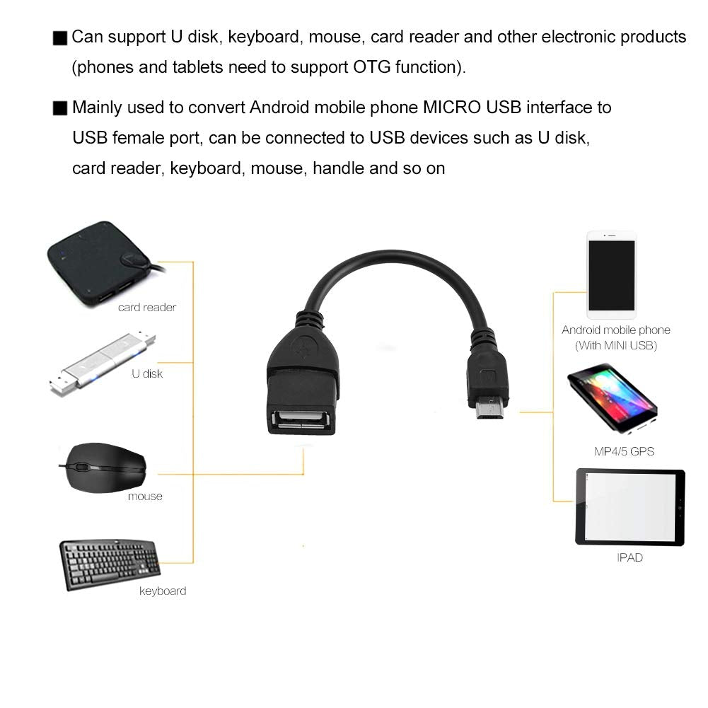 Cable Adaptador OTG Android ASHATA Negro Interfaz Micro USB a USB Hembra