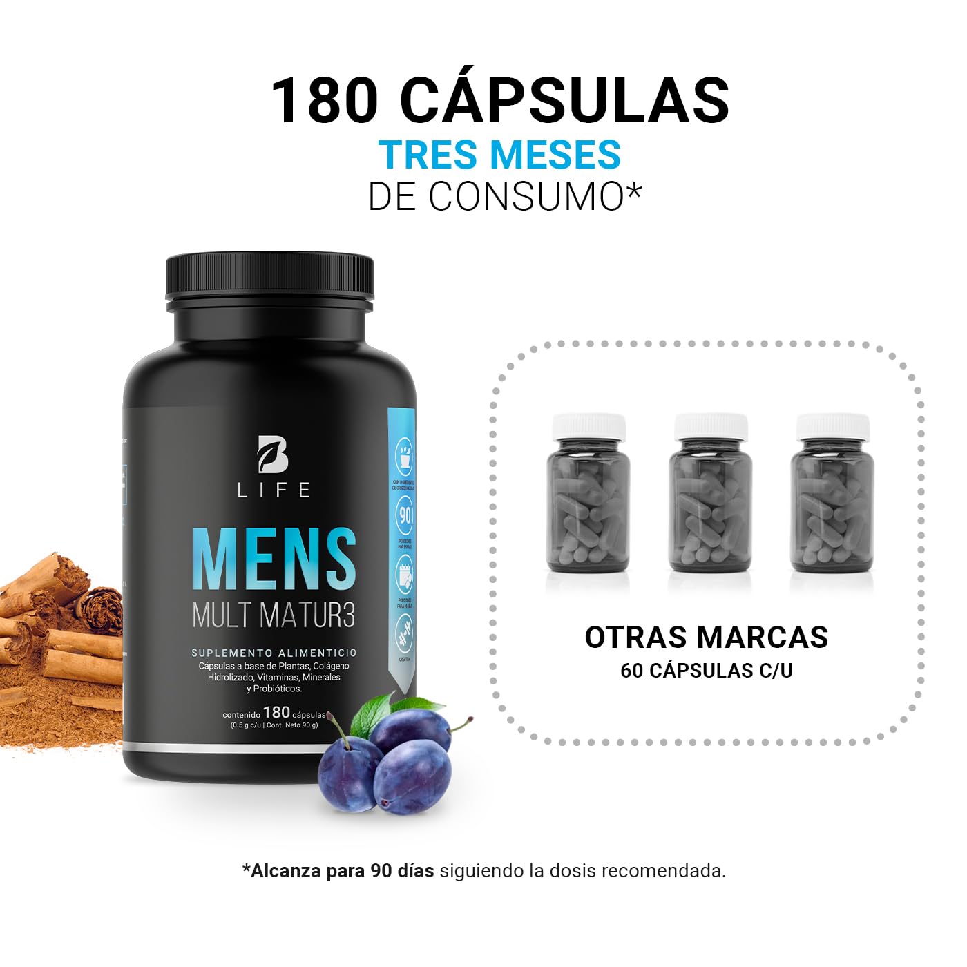 B Life Company Multivitamínico para Hombre Mayor de 40 años con 180 Cápsulas. Ingredientes naturales: Maca Negra, Semillas de Calabaza, Colágeno, Probioticos. Mens Mult Matur3.