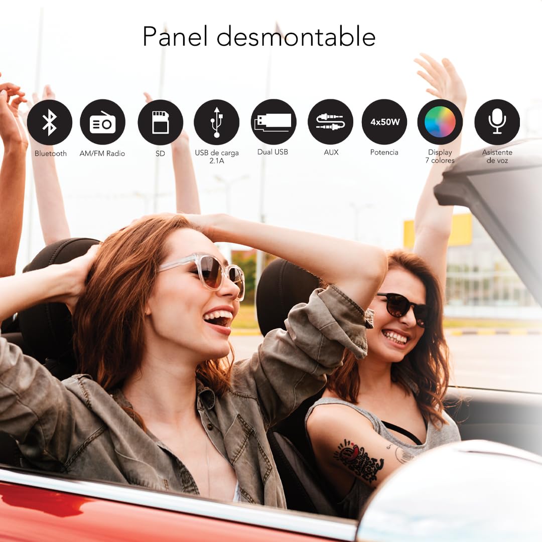 Aiwa Autoestéreo AW-3269BT Bluetooth USB SD AUX 4×50W Potencia 200W Iluminación 7 Colores Panel Desmontable Ecualizador MP3 Radio Am/FM Manos Libres Negro