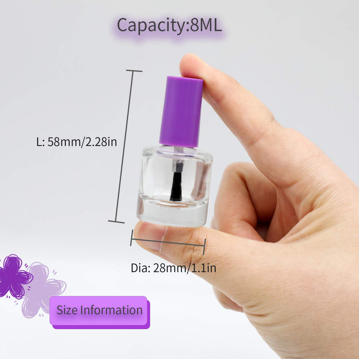GTHER 20 Botellas Vacías de Esmalte de Uñas de 8 ml, Botellas Recargables de Vidrio Transparente con Tapa de Cepillo, Embudo y Bolas de Mezcla para Arte de Uñas, Morado