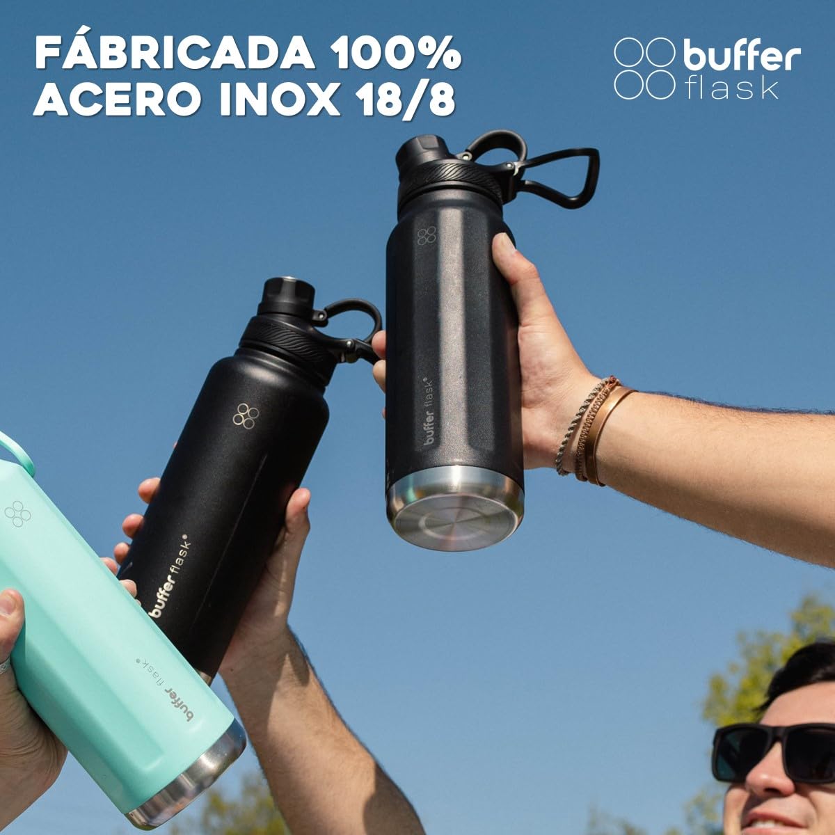 BUFFER FLASK - Termo de Acero Inoxidable | Botella Aislante para Bebidas, Agua Fría (24 horas) o Caliente (12 horas) | Antigoteo, Hermético| Incluye tapas | 1000 ml - 32 Oz| Color Black