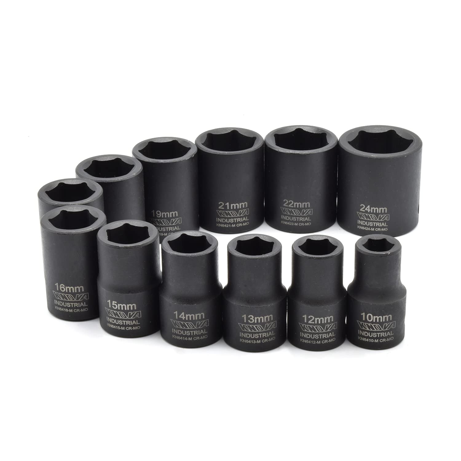 Knova Juego de Dados de Impacto profesionales Cortos Milimetricos 1/2" 12 piezas 6 puntas