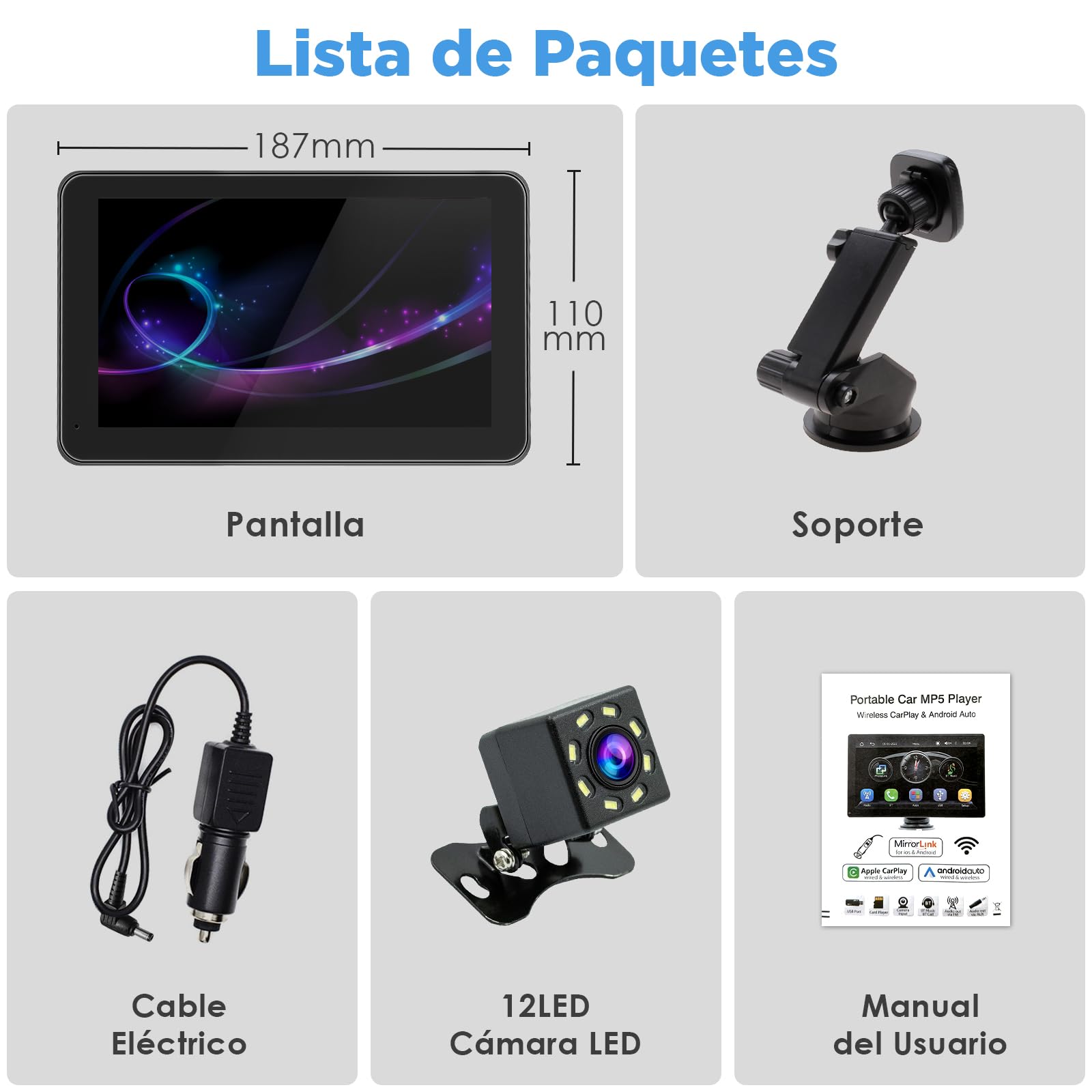 HIMICAR Autoestereo Portátil Estéreo con Inalámbrico Apple Carplay & Android Auto/Mirror Link, 7 Pulgadas IPS HD Pantalla Completa Táctil, Control de Voz, FM, Bluetooth, AUX, TF + Cámara Trasera