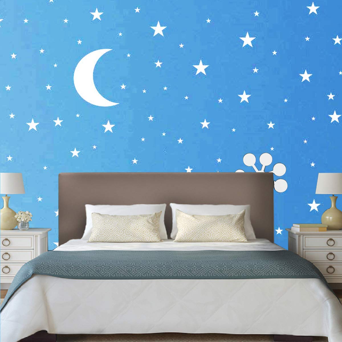 Calcomanía de pared de luna y estrellas, calcomanías de pared de vinilo extraíbles para habitación de bebé, decoración de pared, decoración del hogar (blanco)