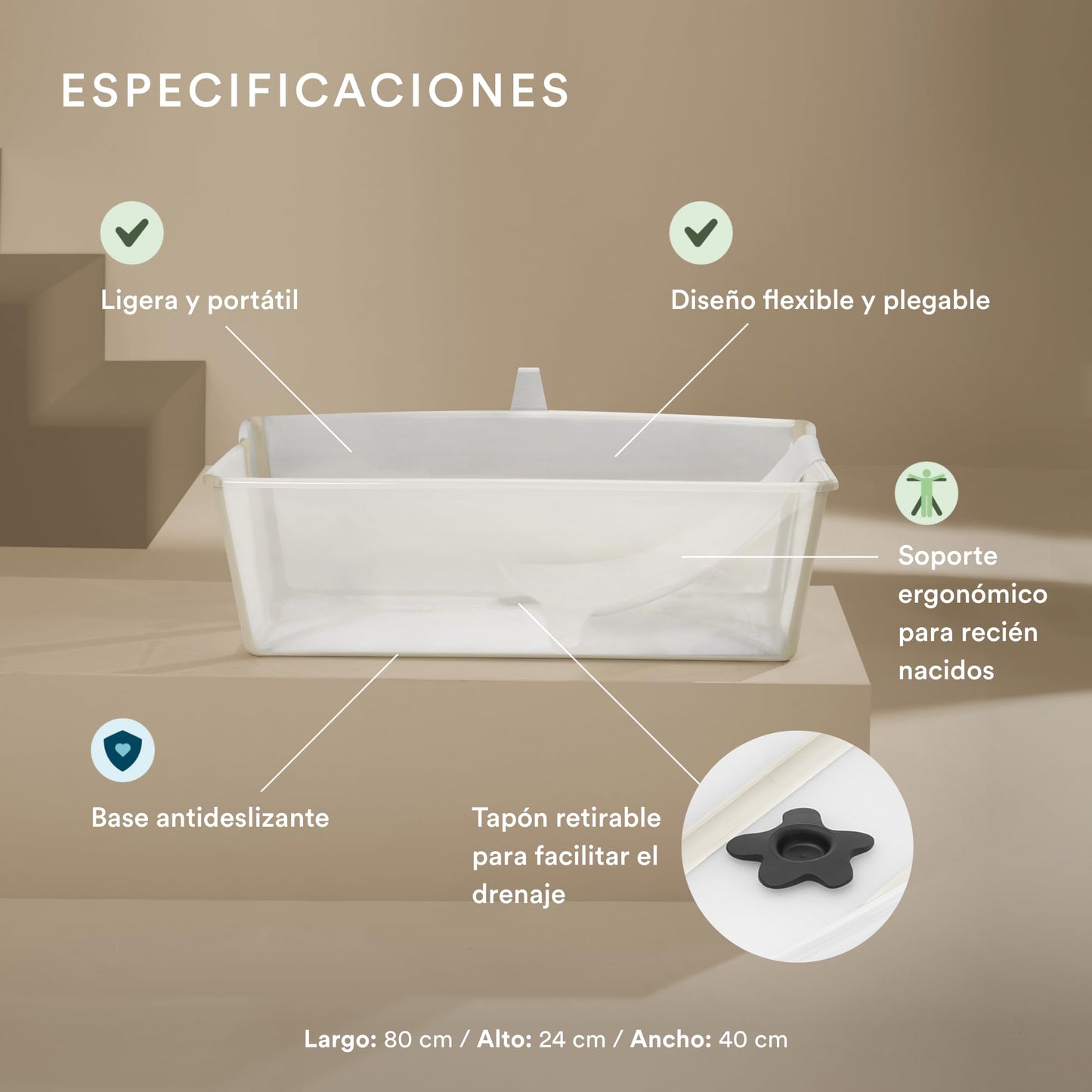 Stokke Flexi Bath XL Bundle, Sandy Beige - Bañera plegable para bebé + Soporte para recién nacido - Ideal para edades 0-6 - Duradera y fácil de guardar