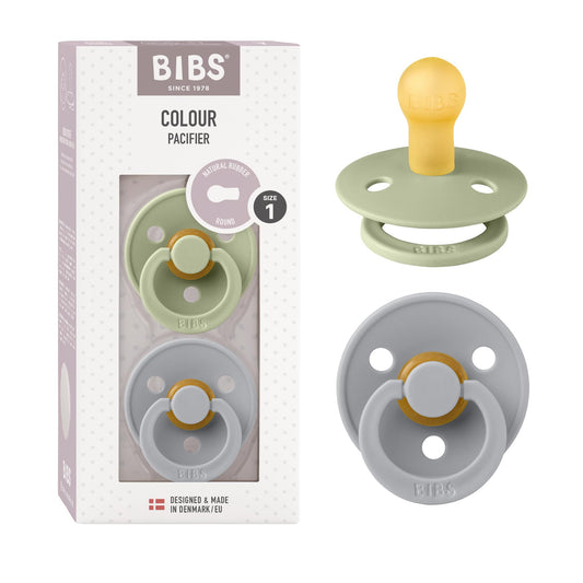 BIBS Chupones Colour Pack de 2, Tetina redonda de látex natural, Talle 1, Color Sage/Cloud, 0 a 6 meses, Hecho en Dinamarca
