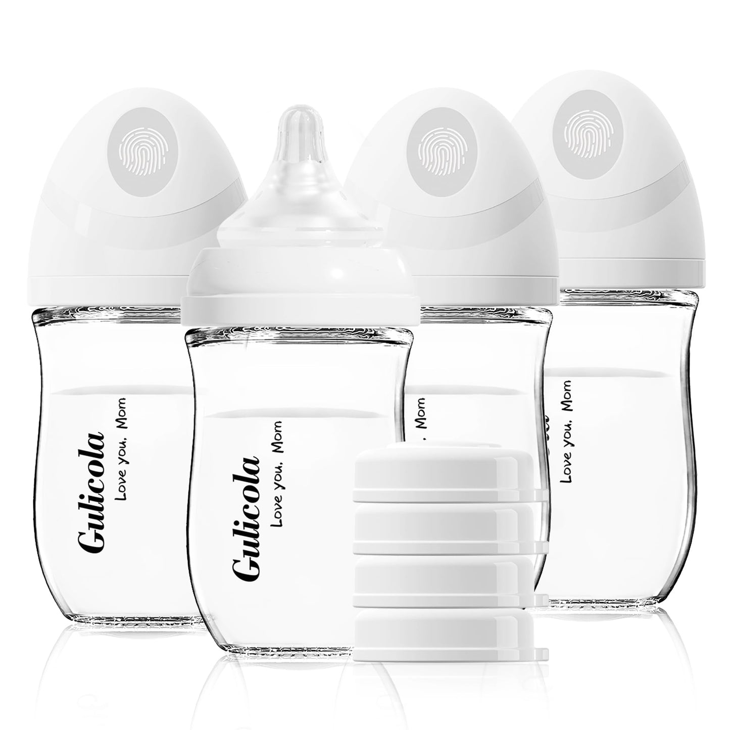 Gulicola - Biberón de vidrio natural para bebé, juego de 4 biberones de lactancia materna para recién nacido, pezones de flujo extra lento (SS), anticólicos, 0 meses +, 5 onzas, color blanco