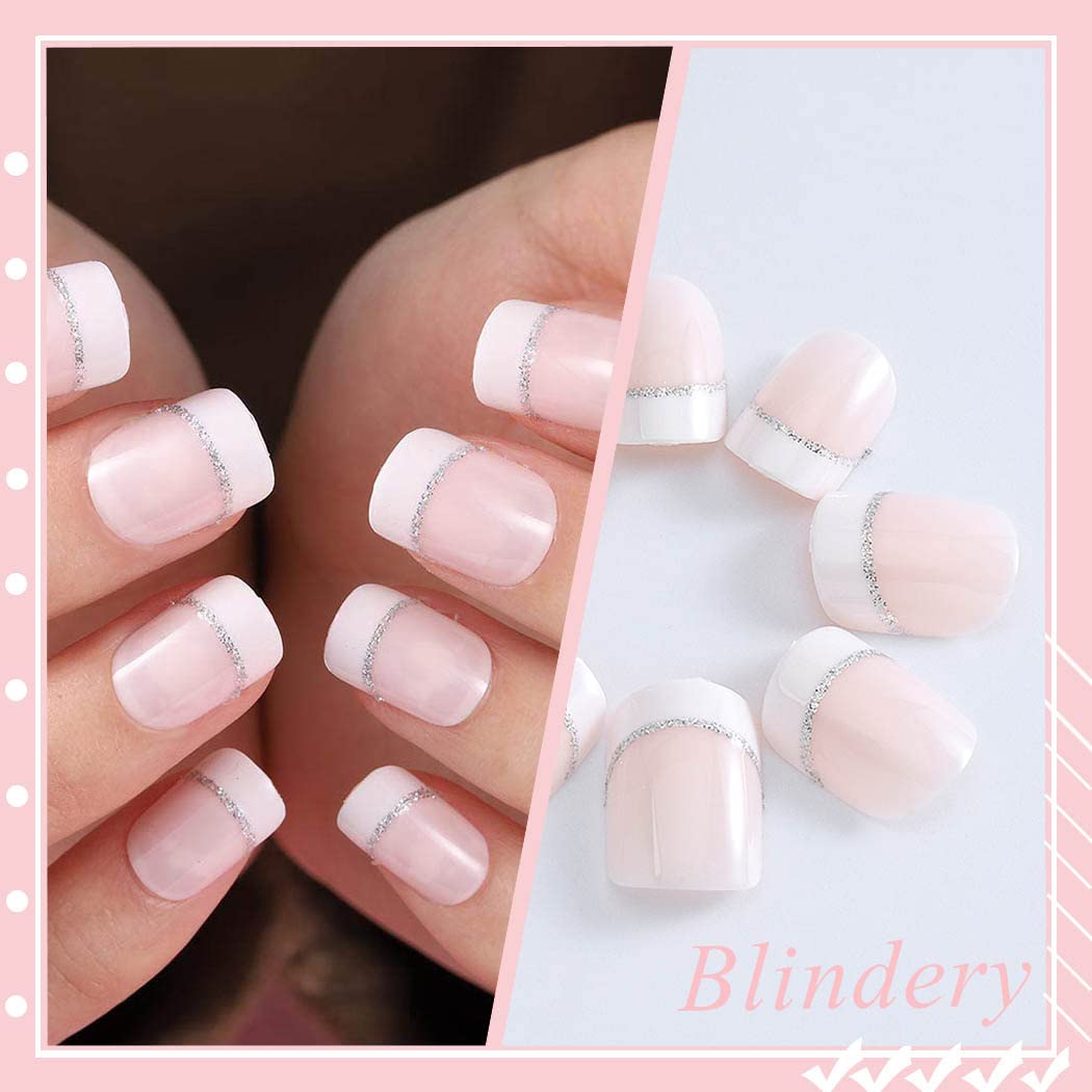 Chicque 24 uñas postizas cuadradas cortas con purpurina rosa brillante, cubierta completa, uñas falsas de boda para mujeres y niñas