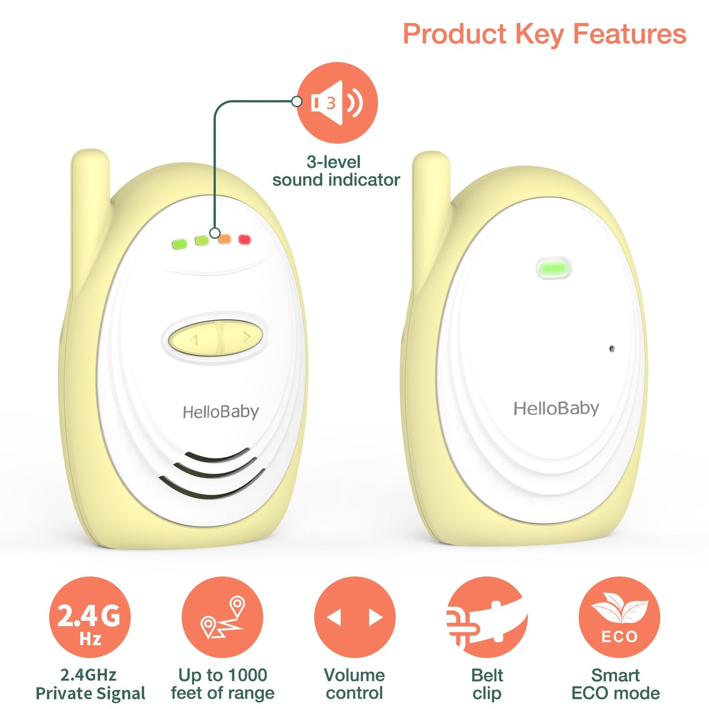 HelloBaby HB178 Monitor de bebé de Audio bidireccional con Sensor de Temperatura, Alerta de Sonido, lullabies y luz Nocturna, Alcance de hasta 1000 pies, HB178.
