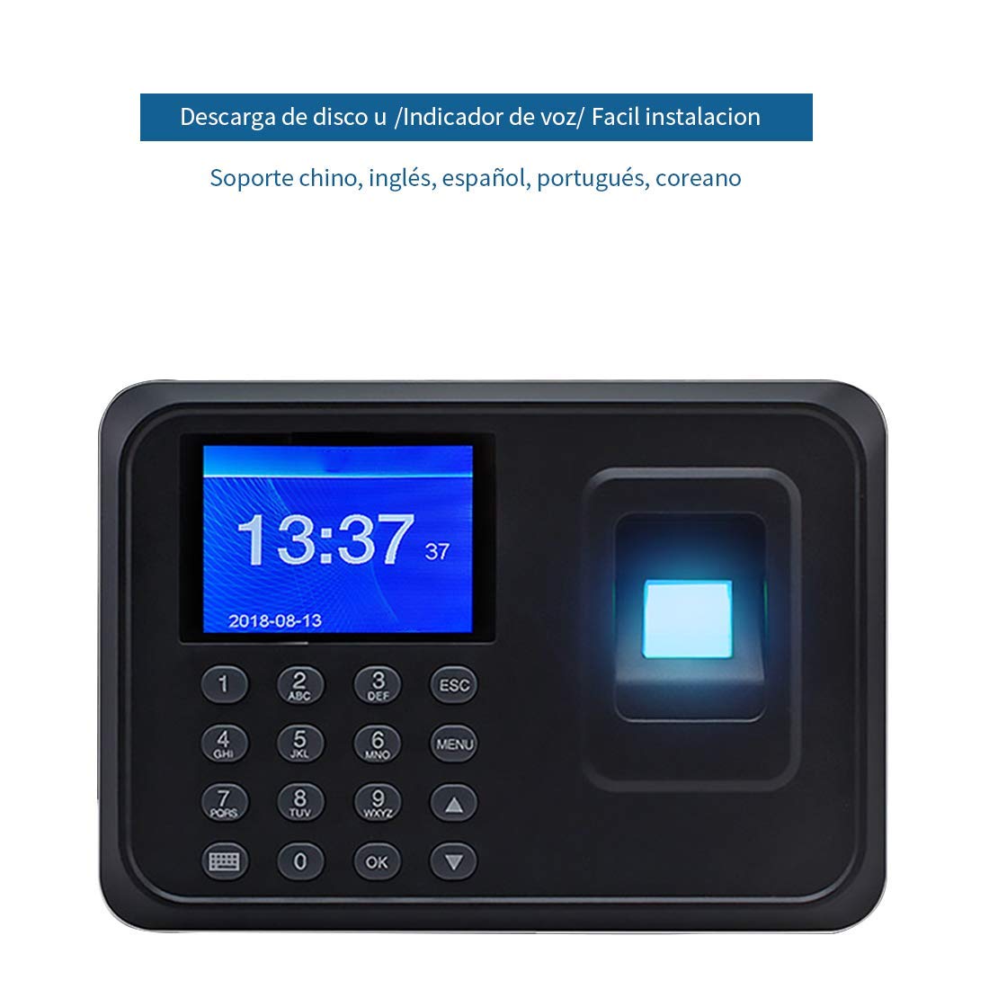 AVEDISTANTE Máquina Fichar, Máquina de Asistencia Biométrica de Huella Dactilar con Sistema Española Pantalla LCD Memoria Flash de 8GB, Relojes para Fichar con Capacidad de 1000 Huellas Dactilares