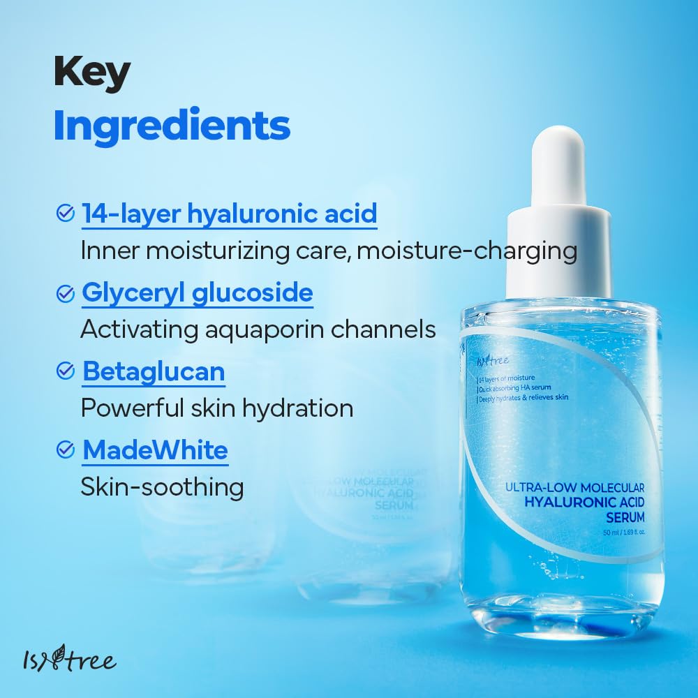 Isntree Ultra Low Molecular Hyaluronic Acid Serum 50 ml, Suero facial hidratante de acido hialuronico