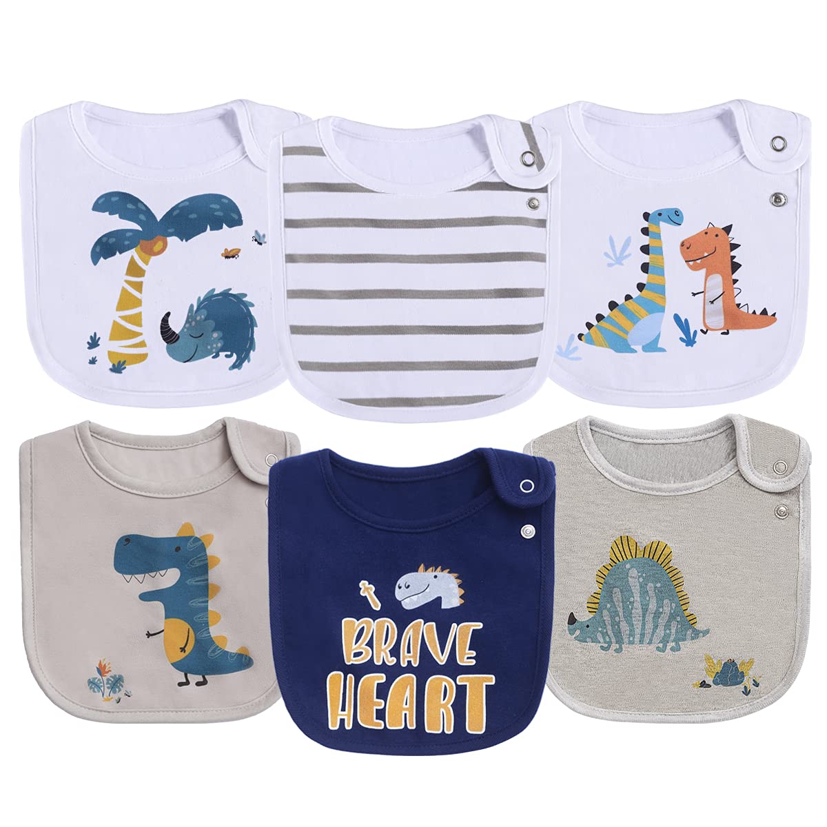 Maiwa Paquete de 6 baberos de bebé de dinosaurio impermeables de algodón para niños para babeos, comer, dentición con broches, impresión certificada por OEKO-TEX