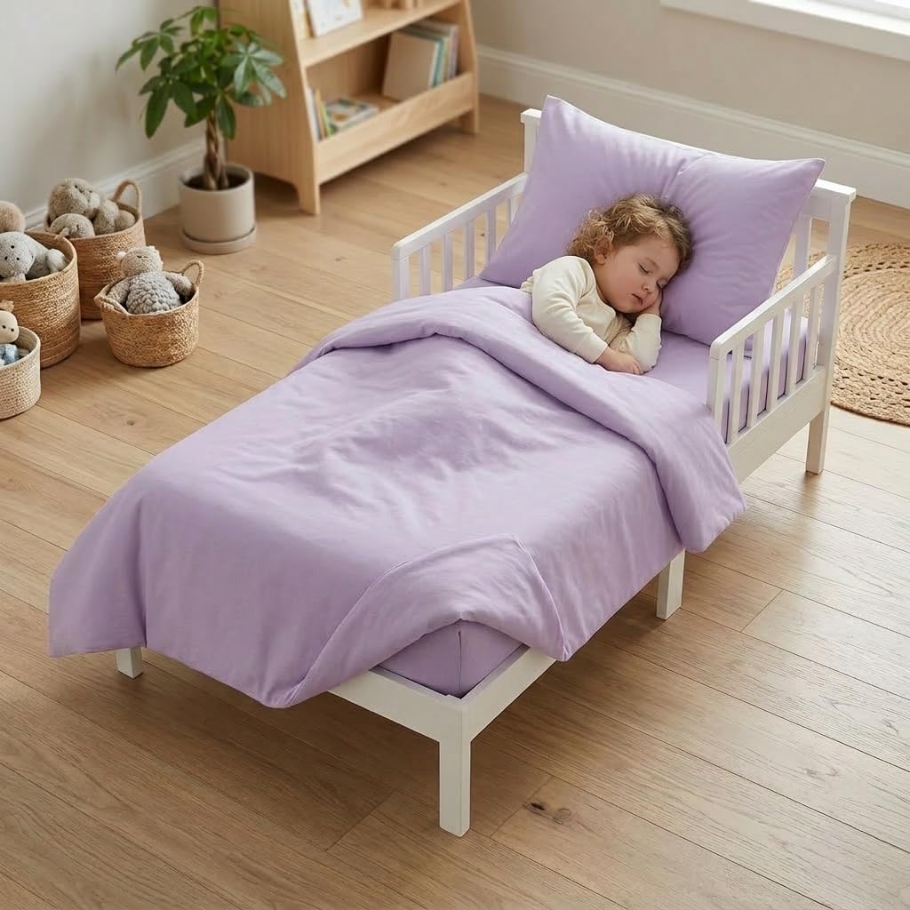 Everyday Kids - Juego de ropa de cama de 4 piezas para niños, incluye edredón, sábana encimera, sábana bajera y funda de almohada, color morado sólido