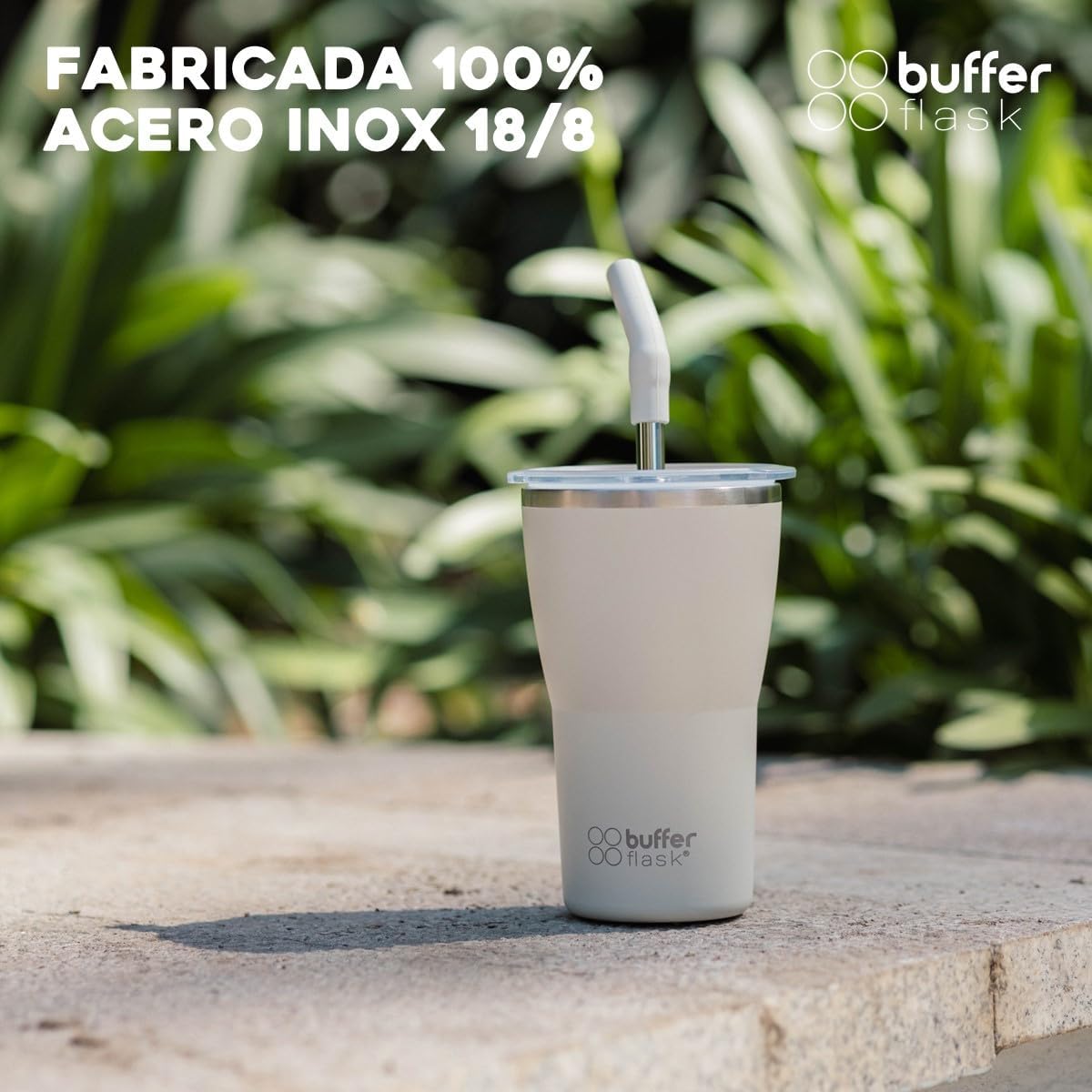 Buffer Flask - Vaso Térmico 420 ml - Termo para Café y Agua de Acero Inoxidable - Tapa Anti Derrame y Fugas - Taza Tumbler Mug para Bebidas Frías y Calientes - Incluye Popote - Color Ivory