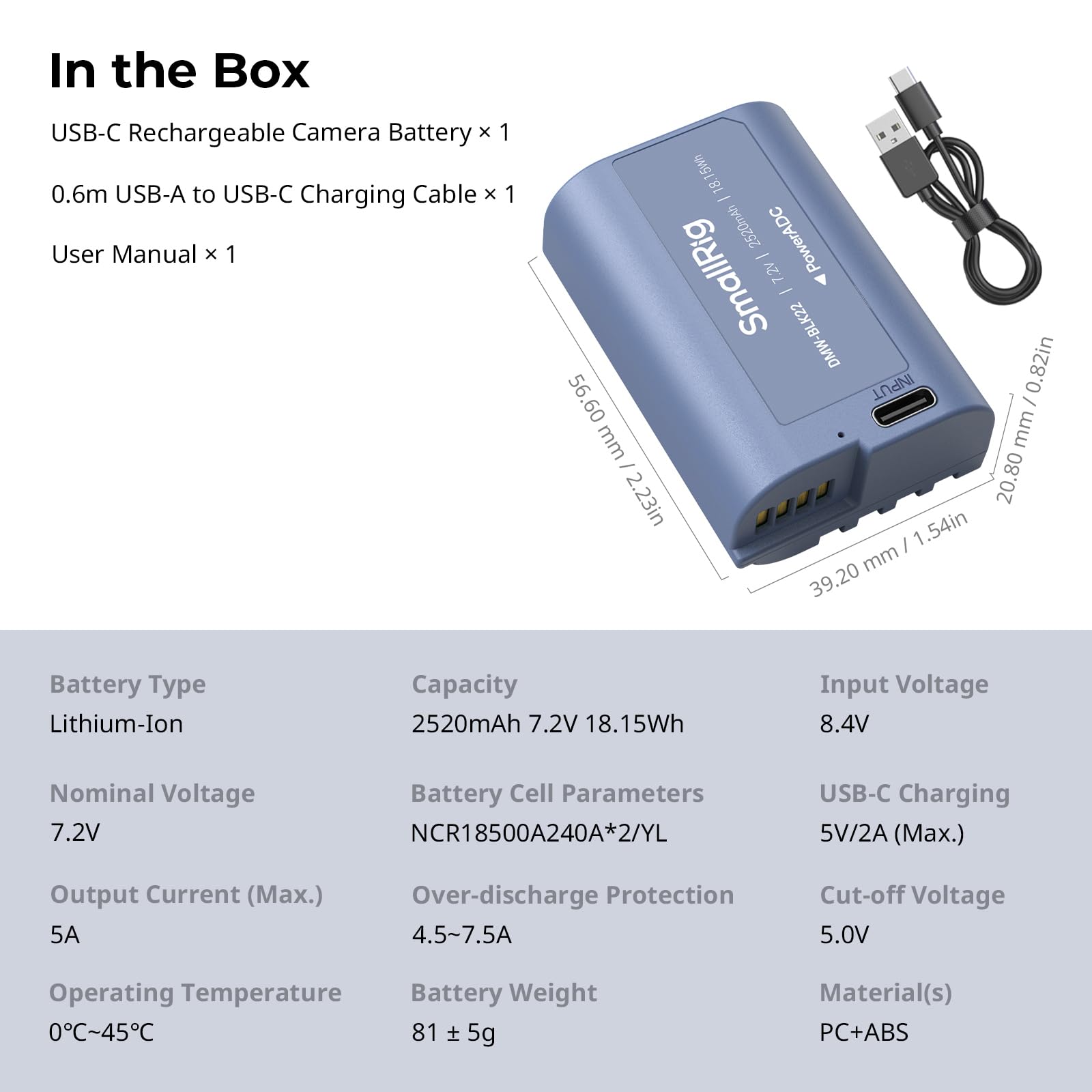 Batería de Repuesto SMALLRIG 2520 mAh USB-C para Panasonic DMW-BLK22