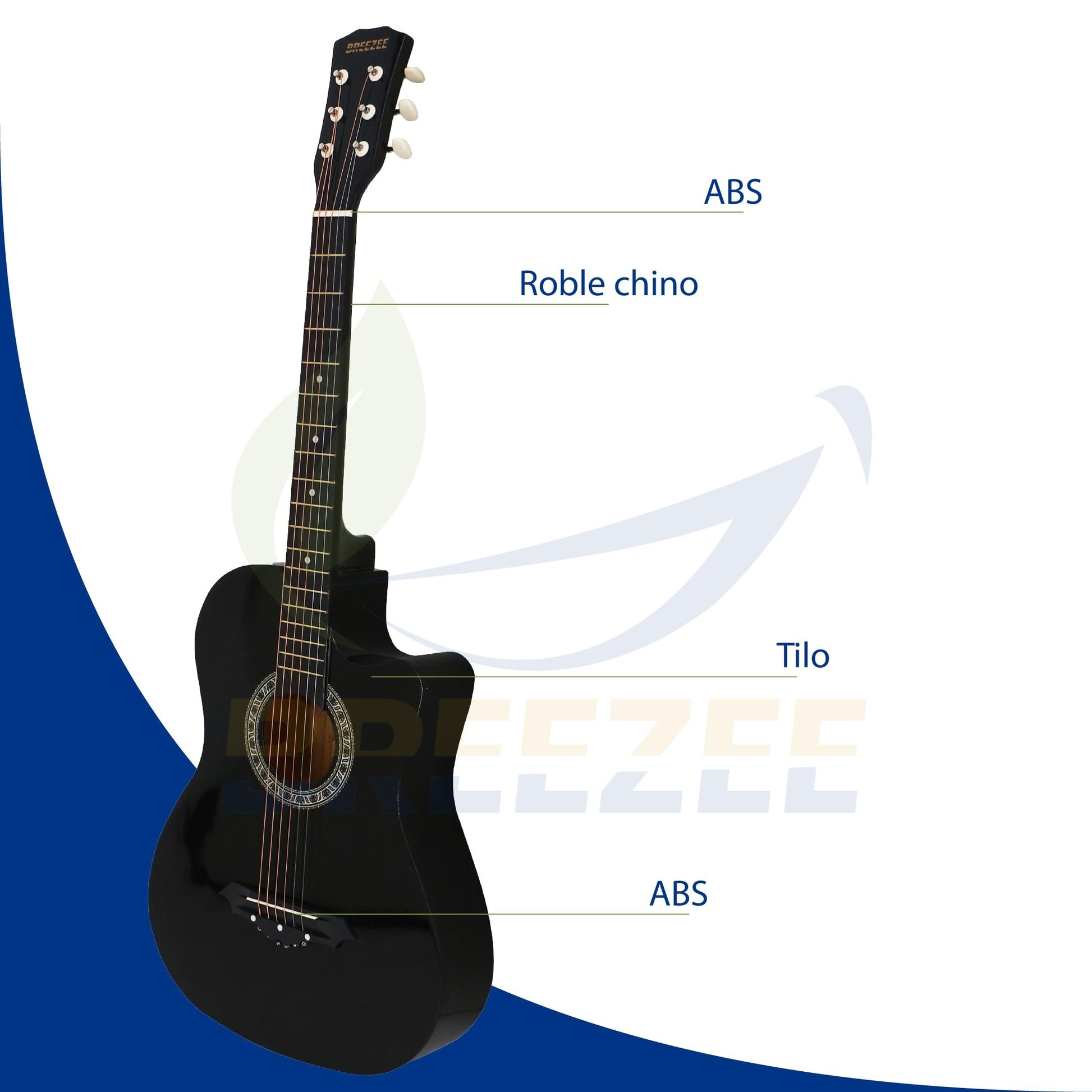 BREEZEE Guitarra Acústica Curva Recortada de 38 Pulgadas Fabricada Sobre Madera de Tilo 18 Trastes, Kit de Accesorios Funda, Capo, Plumillas, Correa, Cuerdas Extra de Metal, Adultos y Niños