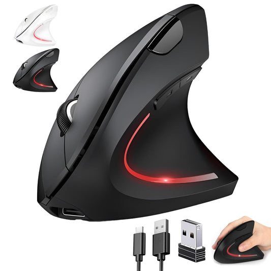 KIROGILY Mouse Inalámbrico Ergonómico Recargable, Mouse Vertical de Bluetooth y 2.4Ghz con 3 DPIs Ajustables, Mouse Mate de 6 Botones con Receptor USB, Compatible con Sistema Windows y Mac.(Negro)
