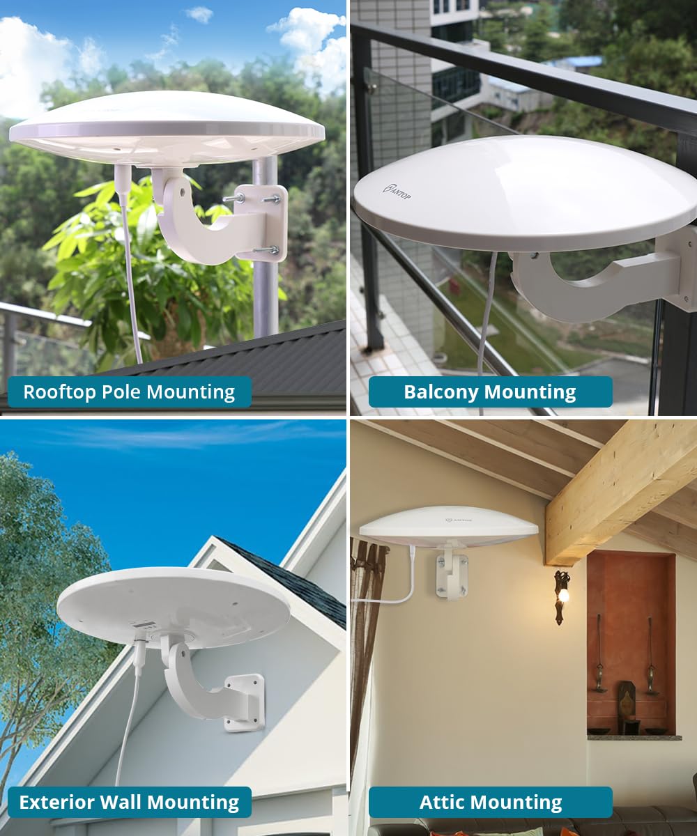 ANTOP - Antena de TV Omnidireccional para Canales Locales, HDTV, RV/Marine, 360° con Amplificador Inteligente y Filtro Integrado para Bloquear Señales 3G 4G 5G, 65 Millas de Alcance