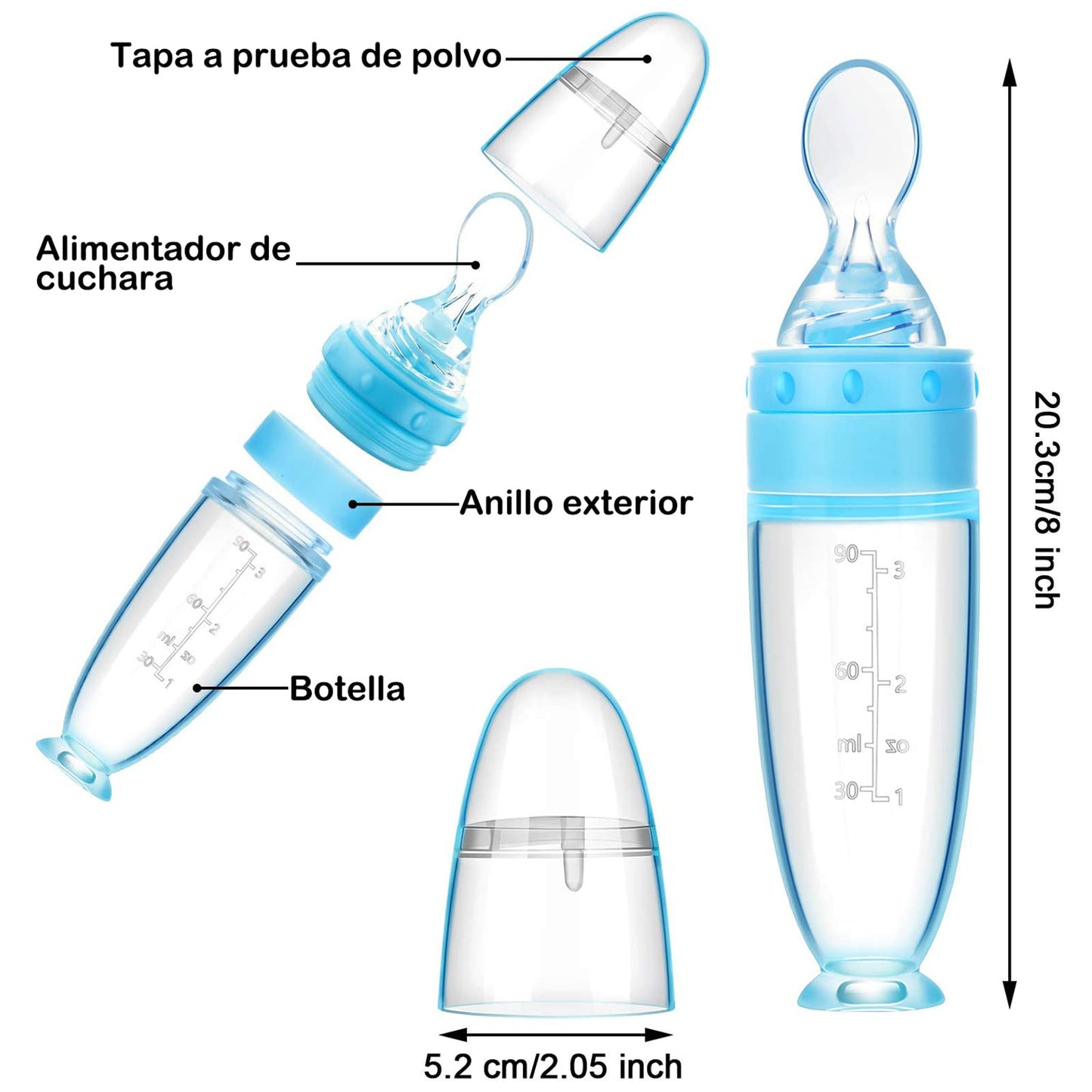 Biberón, diseño de ventosa de 90 ml Dispensador de alimentación de alimentos para bebés Cuchara de silicona para dispensar y alimentar alimentos para bebés (Azul)