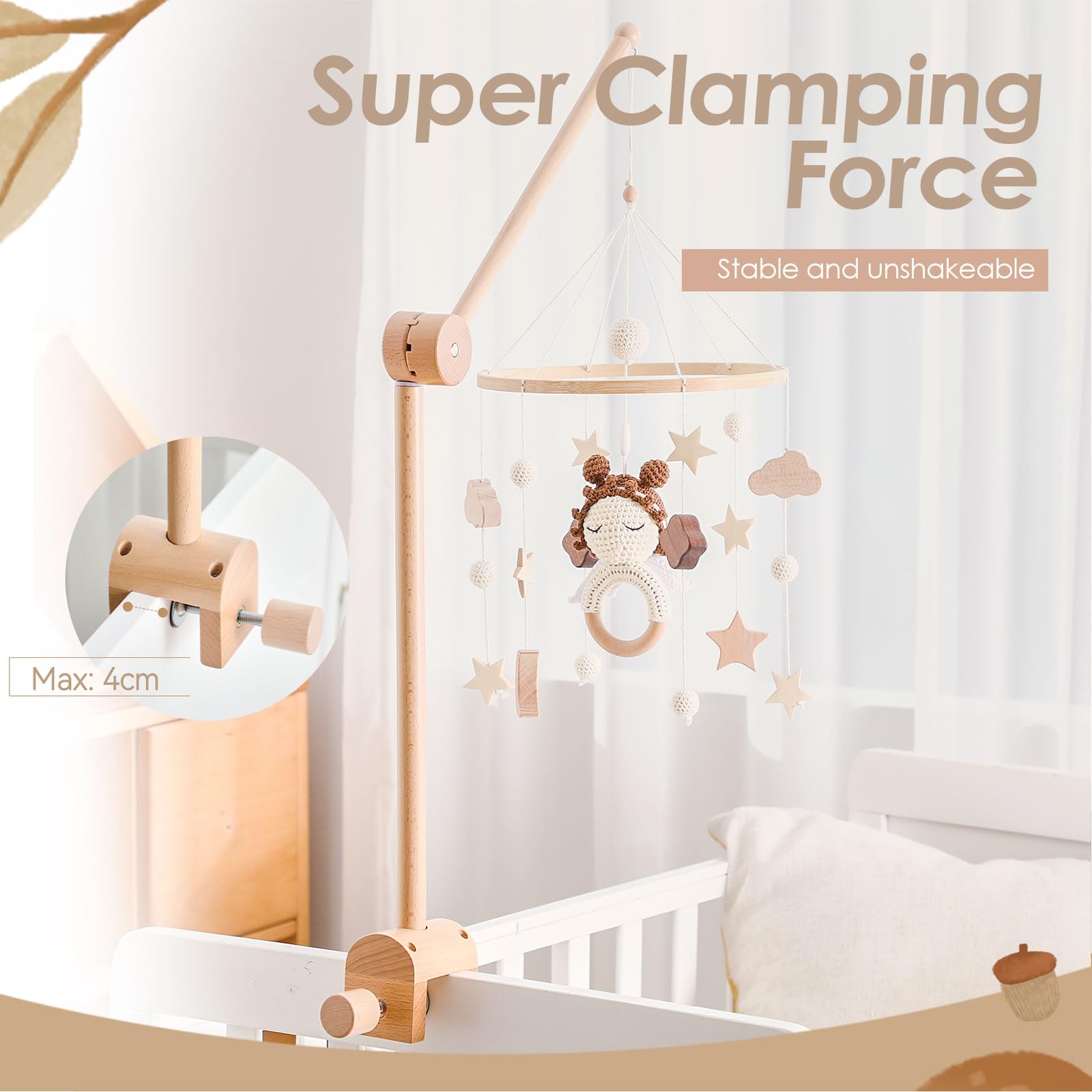HI BABY MONMENT - Brazo móvil giratorio para bebé, madera de haya natural, soporte móvil para decoración de cuna, perfecto para bebé o niño