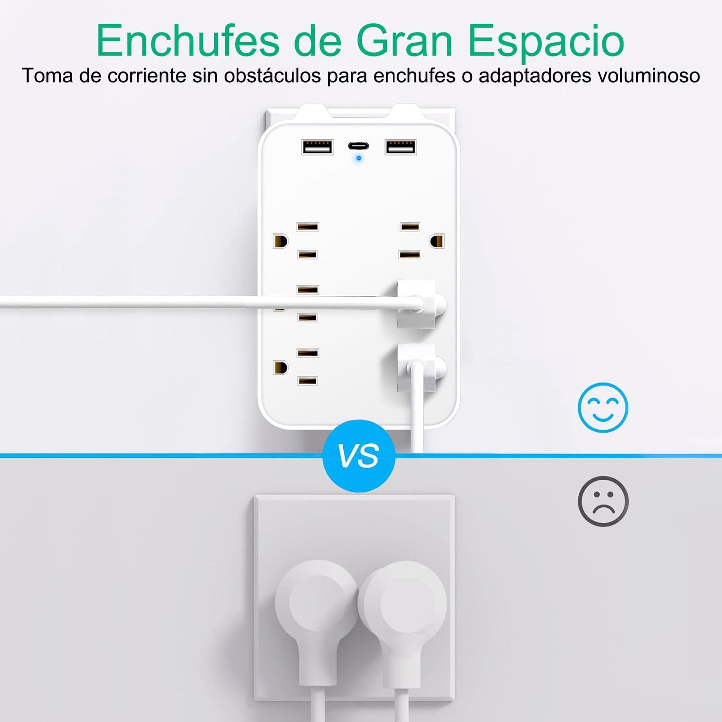 Multicontacto de Pared, Protector de Sobretensión de Pared con Extensor de 6 Tomas con 3 Puertos USB (1 USB-C), Regleta Multicontacto Extensiones Eléctricas Enchufe de pared para Oficina Casa